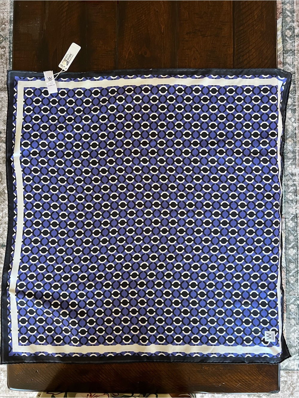 NWT W Collection 100% Silk Scarf Blue Black White Geometric Print 27” Square - Picture 5 of 9